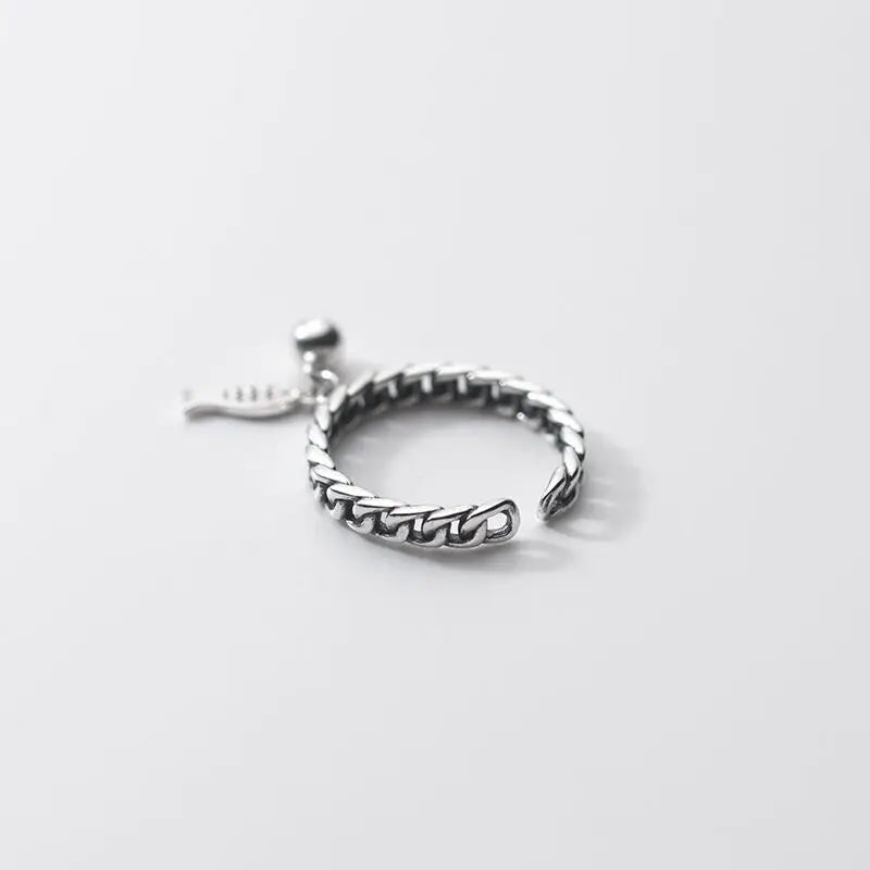 FOXANRY Silberfarbene Ringe für Frauen – Modischer Vintage-Stil, hohle Kettendesign, Fischanhänger, Thai-Silber, Schmuck-Geschenk