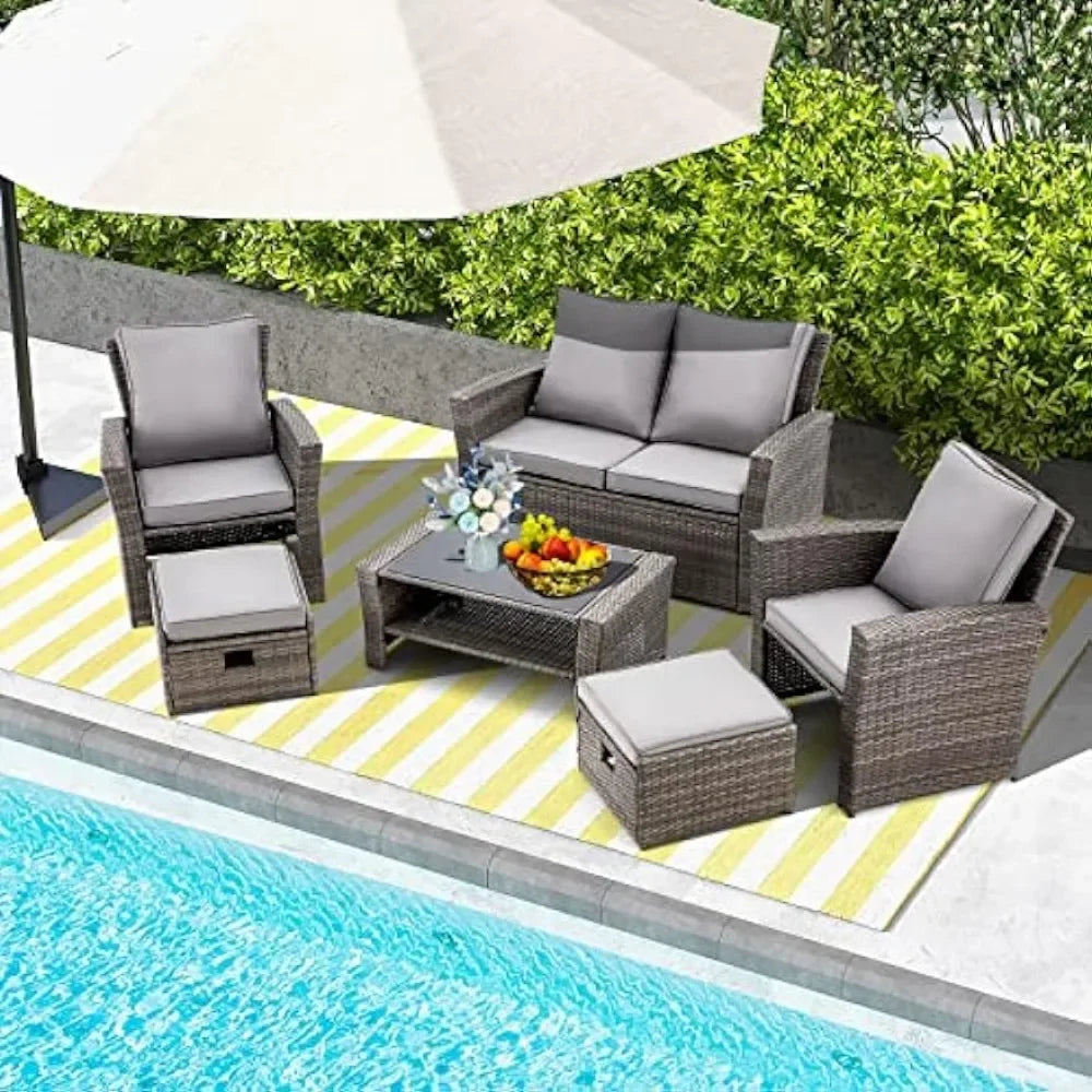 6-teiliges Terrassenmöbel-Set, Outdoor-Sektions-Konversations-Rattan-Sofa-Set mit Ottomane und Outdoor-Aufbewahrungstisch