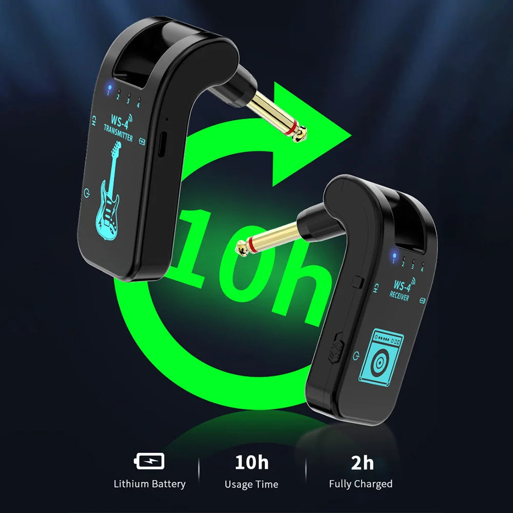 2,4G Wireless Gitarrensystem, Wiederaufladbares Gitarren-Transmitter-Receiver-Set für E-Gitarre, Bass und elektronische Blasinstrumente