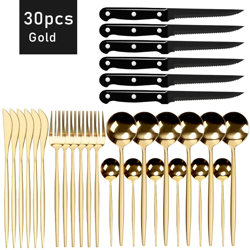 30-teiliges Schwarzes Besteckset aus Edelstahl – Steakmesser, Gabeln, Kaffeelöffel und Teelöffel, spülmaschinengeeignet, perfektes Tischbesteck für Küche und Esstisch
