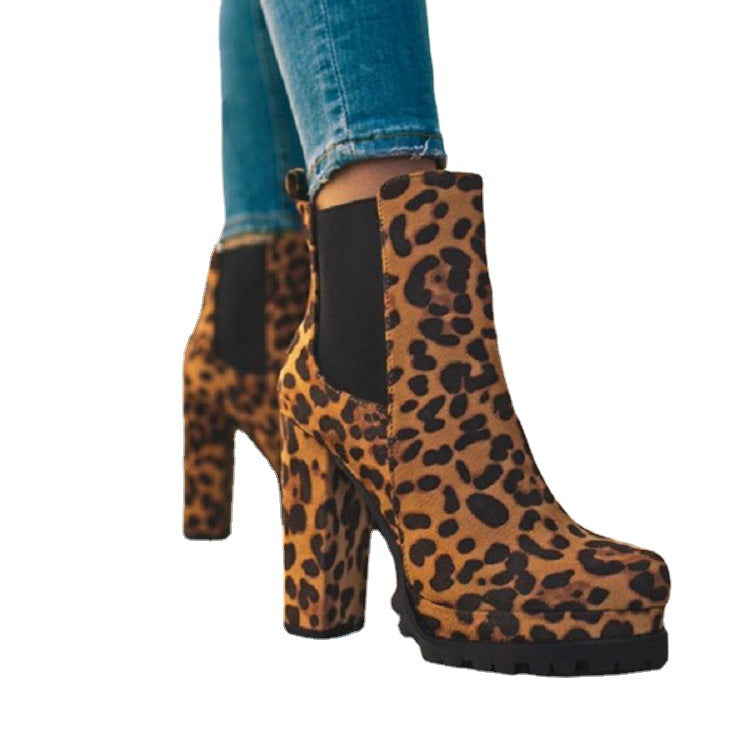 Stiefeletten mit runder Zehenpartie, einfarbig, mit Leopardenmuster, dicke quadratische Schuhe mit hohen Absätzen, Damen-Freizeitmode, Herbst-Winter-Wildlederkleid, Partystiefel