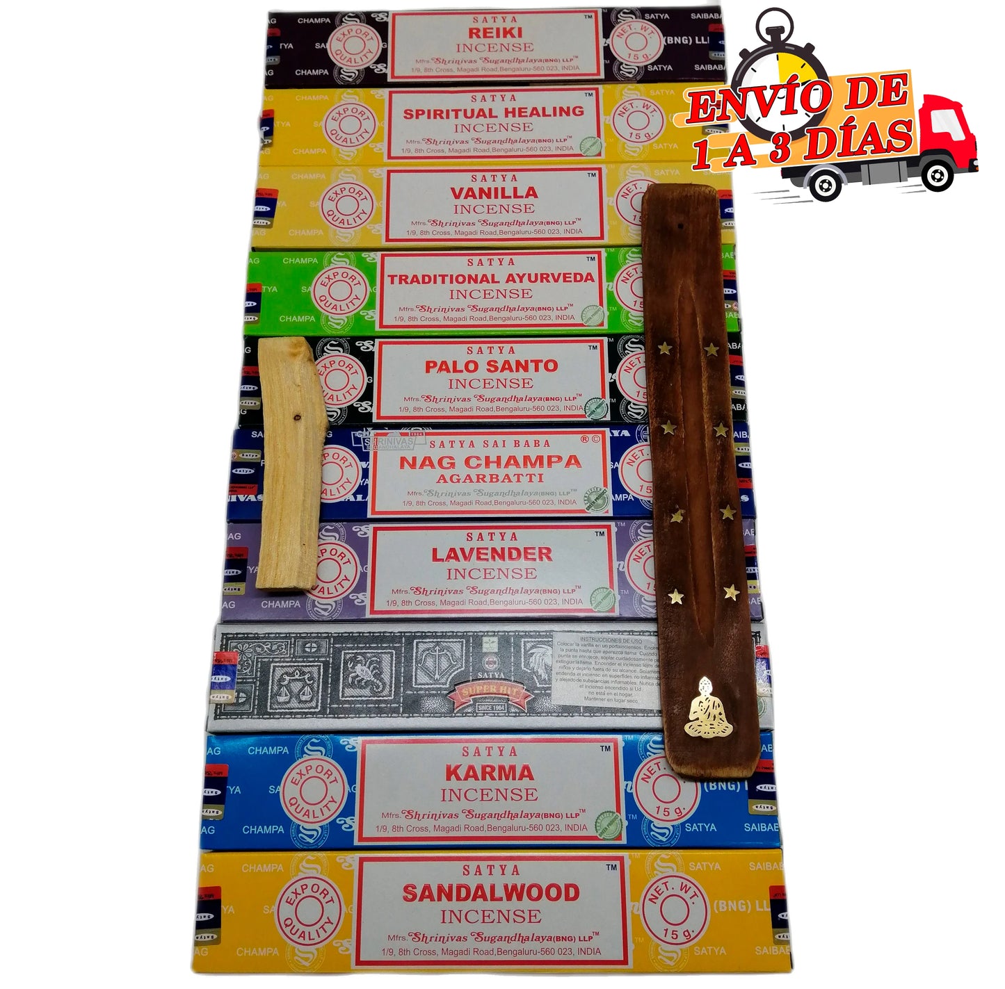 Weihrauch verschiedene Satya Verschiedene Duftstoffe + Palo Santo und Tablet Brenner Geschenkmeditation + NAG Champa + Agarbatti Goloka natürliche handgefertigte Therapien + Vanille + Sandelholz werden 10 verschiedene Kisten