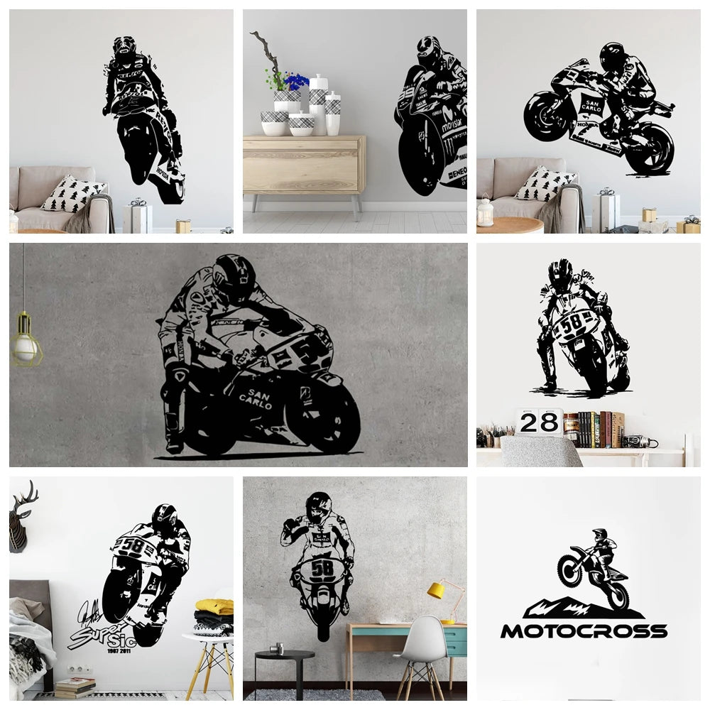 Große Motorrad Wandtattoo Vinyl GP Racing Fahrer Wandaufkleber für Jungen Schlafzimmer Garage Spielzimmer Raum Dekoration Zubehör
