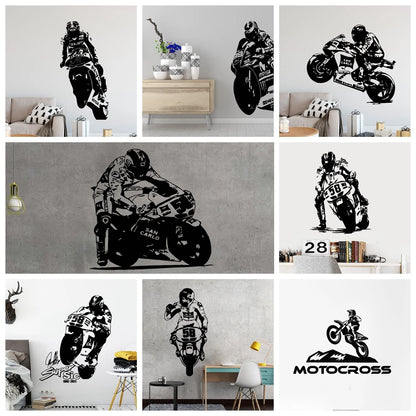 Große Motorrad Wandtattoo Vinyl GP Racing Fahrer Wandaufkleber für Jungen Schlafzimmer Garage Spielzimmer Raum Dekoration Zubehör