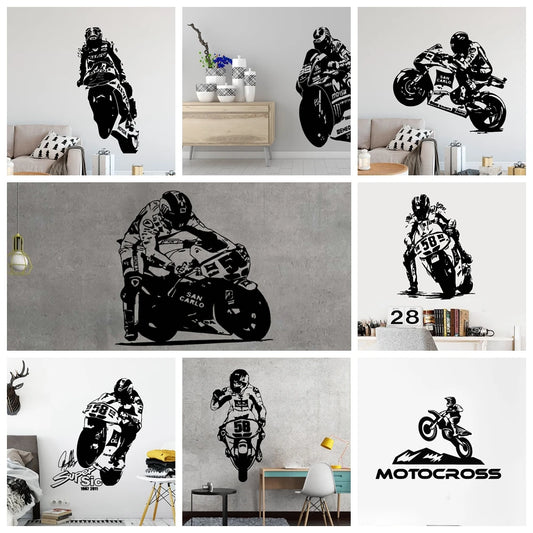 Große Motorrad Wandtattoo Vinyl GP Racing Fahrer Wandaufkleber für Jungen Schlafzimmer Garage Spielzimmer Raum Dekoration Zubehör