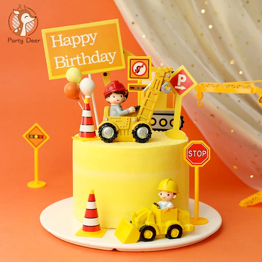 Bagger Technik Fahrzeug Dekoration Verkehrsschild Kuchen Topper für Junge Geburtstagsfeier Baby Dusche Backzubehör Liebe Geschenke
