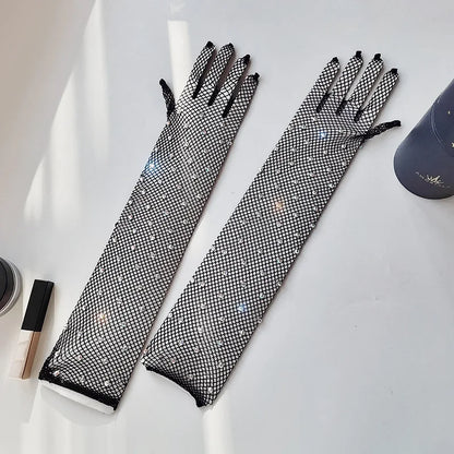 Damen Sexy Dünne Netzstrumpf-Handschuhe mit glänzenden Bohrungen: Hohles Design, Cosplay-Accessoires für Halloween, Ball, Party, Nachtclub und Pole-Dance.