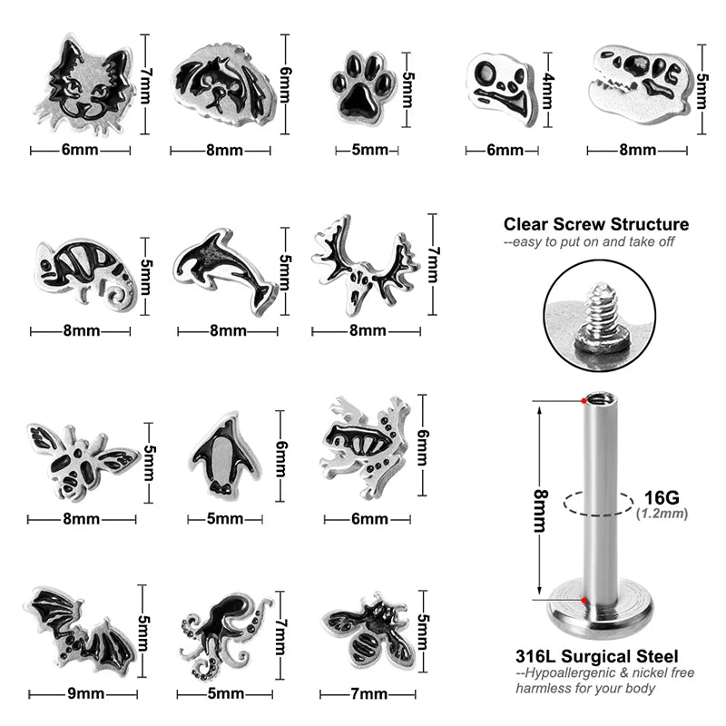 1PC 16G Edelstahl Tierstil Labret Monroe Lippenring Niedliche Ohrstecker Tragus Helix Knorpel Ohrring Ohrstecker Piercing Schmuck