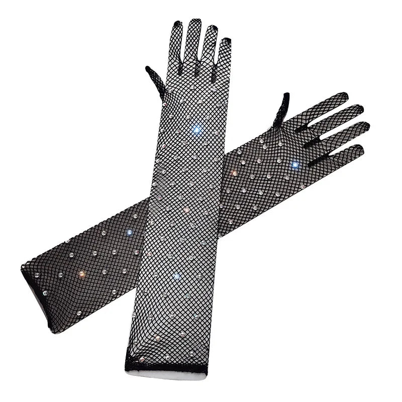 Damen Sexy Dünne Netzstrumpf-Handschuhe mit glänzenden Bohrungen: Hohles Design, Cosplay-Accessoires für Halloween, Ball, Party, Nachtclub und Pole-Dance.