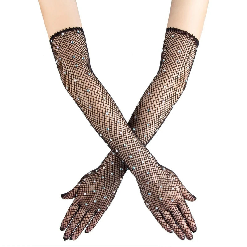 Damen Sexy Dünne Netzstrumpf-Handschuhe mit glänzenden Bohrungen: Hohles Design, Cosplay-Accessoires für Halloween, Ball, Party, Nachtclub und Pole-Dance.