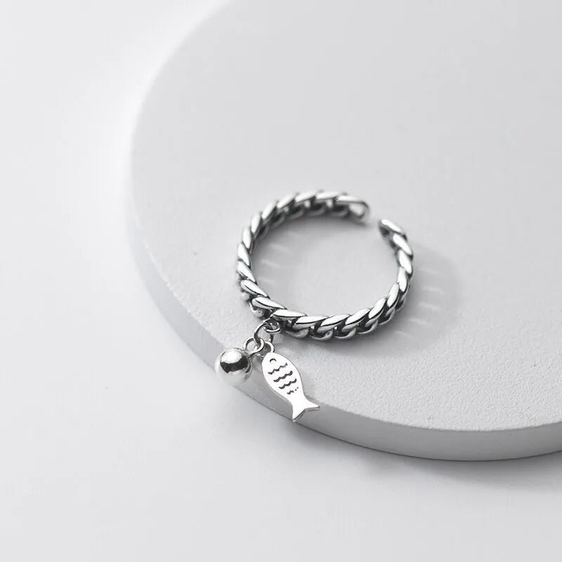 FOXANRY Silberfarbene Ringe für Frauen – Modischer Vintage-Stil, hohle Kettendesign, Fischanhänger, Thai-Silber, Schmuck-Geschenk