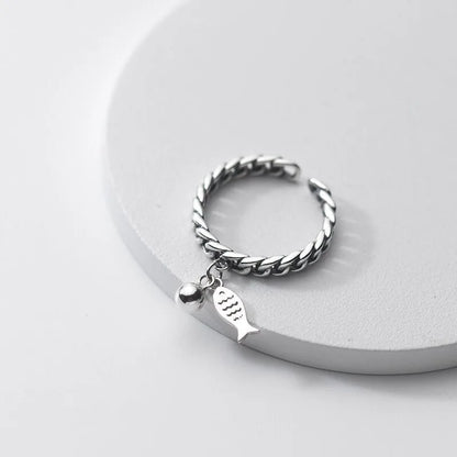 FOXANRY Silberfarbene Ringe für Frauen – Modischer Vintage-Stil, hohle Kettendesign, Fischanhänger, Thai-Silber, Schmuck-Geschenk