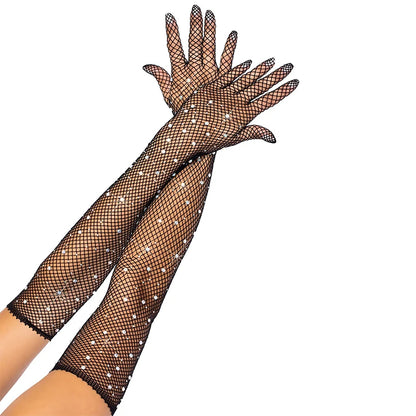 Damen Sexy Dünne Netzstrumpf-Handschuhe mit glänzenden Bohrungen: Hohles Design, Cosplay-Accessoires für Halloween, Ball, Party, Nachtclub und Pole-Dance.