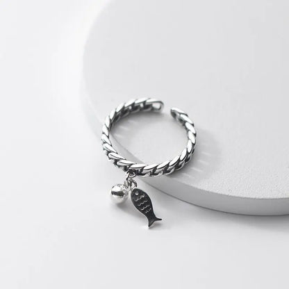 FOXANRY Silberfarbene Ringe für Frauen – Modischer Vintage-Stil, hohle Kettendesign, Fischanhänger, Thai-Silber, Schmuck-Geschenk