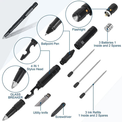 Militärischer taktischer Stift, 6-in-1-Selbstverteidigungsstift LED-Taschenlampe, Notfall-Glasbrecherstift, Schreibwerkzeug mit 3 Nachfüllungen