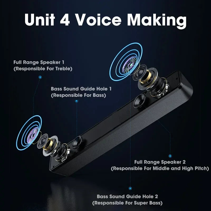 Heimkino Bluetooth-Lautsprecher Kabelgebundene und kabellose Soundbar USB-betriebene Soundbar für TV-PC-Laptop-Gaming-Surround-Audiosystem