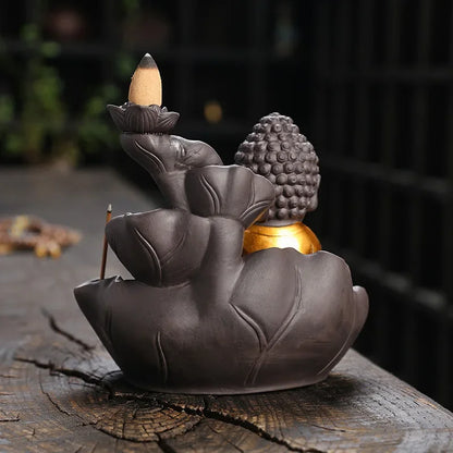 Kreativer lila Ton Zen Buddha Rückfluss Räucherstäbchen Brenner Lotus Räucherstäbchen Halter, Aromatherapie Wohnkultur Räuchergefäß - ohne Weihrauch