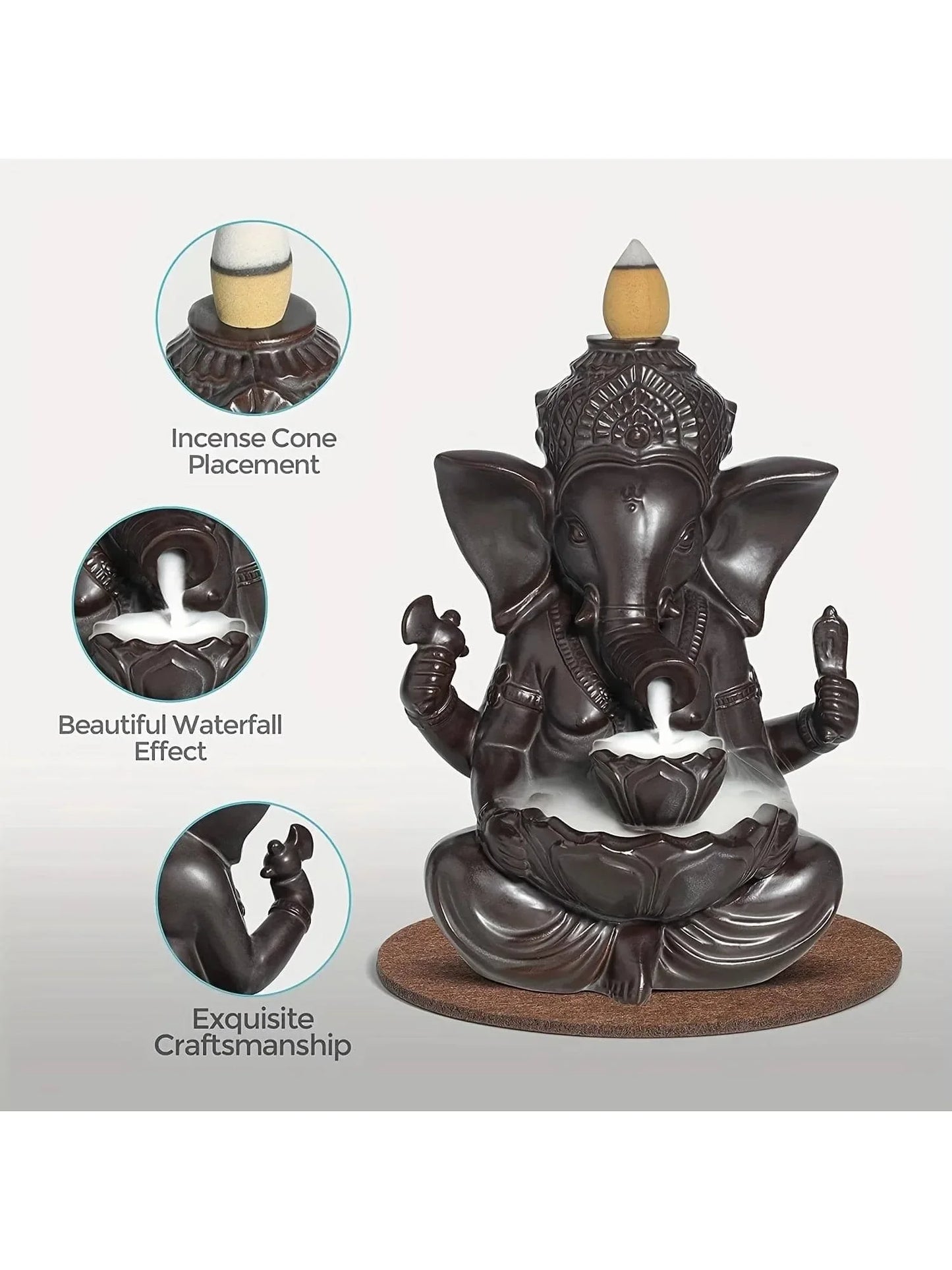 1 Stück Ganesha Wasserfall-Räuchergefäß, Keramik-Rückfluss-Räuchergefäß, Räucherstäbchenhalter, Yoga-Aromatherapie, Elefanten-Ornament, Heimdekoration