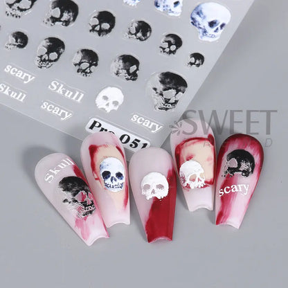 5D geprägte Halloween-Nagelkunstaufkleber: Schädel, Kürbis, Geister, Fledermaus, Spinnennetz, Anime-Nageldekorationen, gravierte Maniküre-Aufkleber.