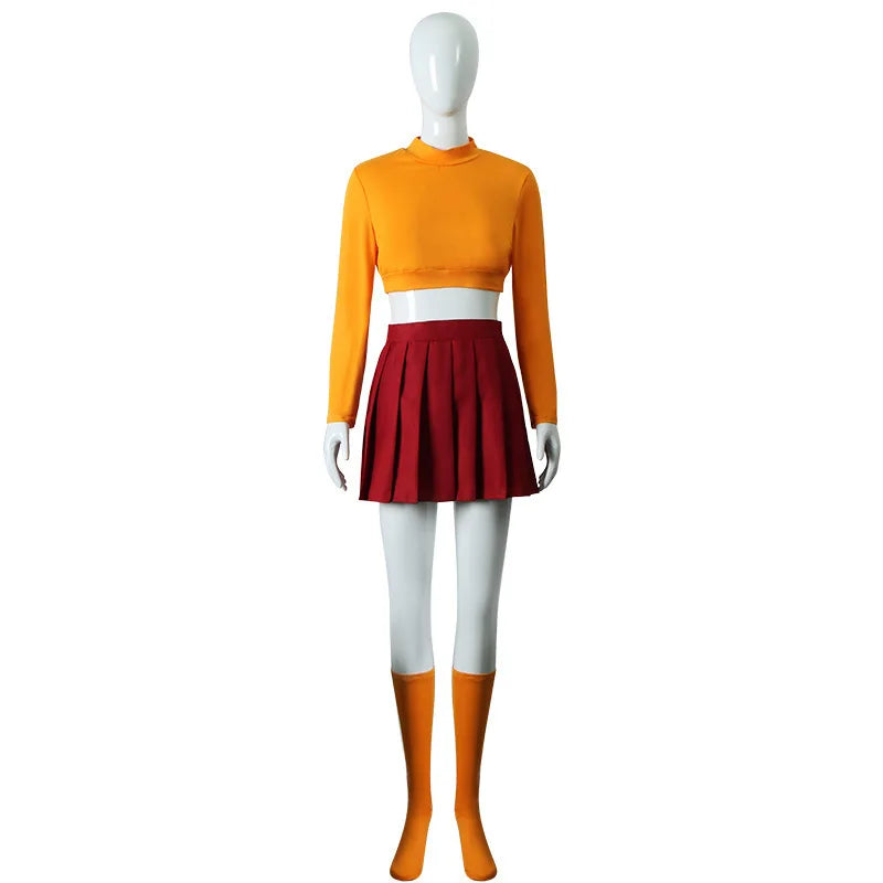 Anime Velma Kostüm: Cosplay-Uniform mit orangefarbenem kurzem Rock, Frauenkostüm mit orangefarbenen Socken und Oberteil, Halloween-Party- und Karnevals-Set.