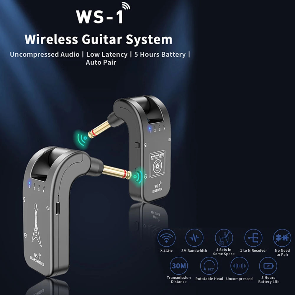 2.4GHz Wireless Gitarren-System – Wiederaufladbarer Audio-Transmitter & Empfänger, 30 m Reichweite, 4 Kanäle, mit doppelseitigem Ladekabel