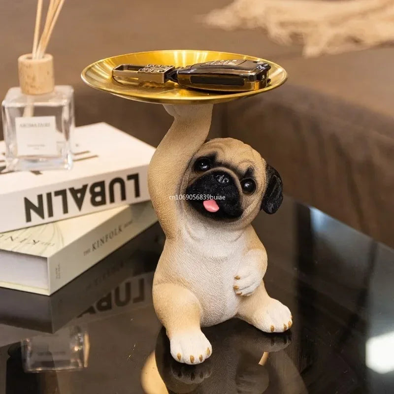 Kreative Mops-Statue mit Aufbewahrungstablett, Niedlicher Hund für Schlüssel, Süßigkeiten, Snack-Aufbewahrung, Tier-Skulptur, Ornament für Büro- und Schreibtischdekoration