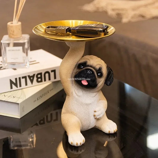 Kreative Mops-Statue mit Aufbewahrungstablett, Niedlicher Hund für Schlüssel, Süßigkeiten, Snack-Aufbewahrung, Tier-Skulptur, Ornament für Büro- und Schreibtischdekoration