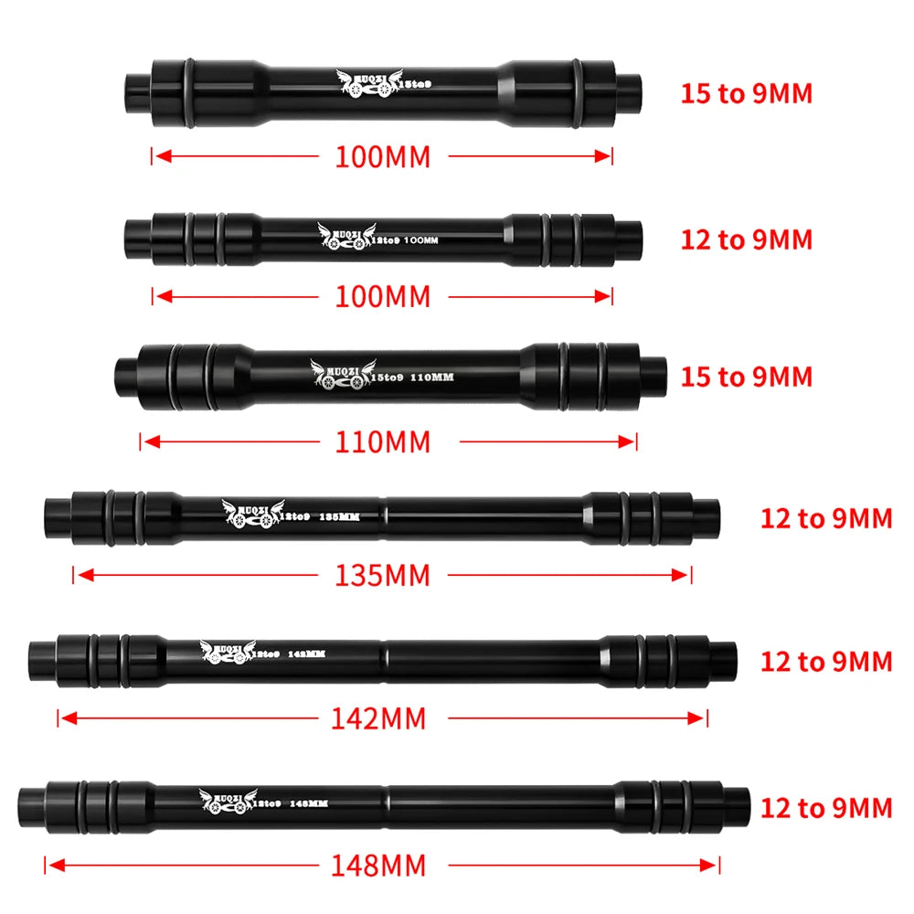 MUQZI Thru-Axle-Adapter – 12 bis 9 mm, 110, 135, 142, 148 mm, 15 bis 9 mm, 100 mm, Thru-Axle-Umrüstung auf Schnellspanner für MTB- und Rennrad-Vorder-/Hinterrad