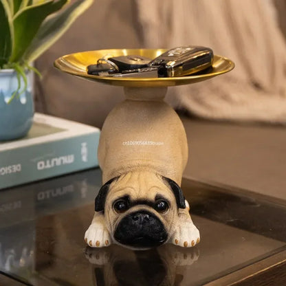 Kreative Mops-Statue mit Aufbewahrungstablett, Niedlicher Hund für Schlüssel, Süßigkeiten, Snack-Aufbewahrung, Tier-Skulptur, Ornament für Büro- und Schreibtischdekoration