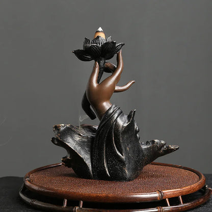 Backflow Räucherstäbchen Brenner, Handgefertigter Lotus Buddha Hand Wasserfall-Räucherstäbchen-Brenner – Für Hausentspannung, Glücksbringer und Feng Shui Dekoration