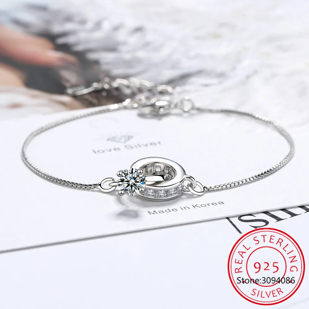 Trendige 925 Silber Herz Doppelkreis Geometrische Charm Armbänder für Frauen Zirkon Armband pulseira feminina Valentinstag Geschenk
