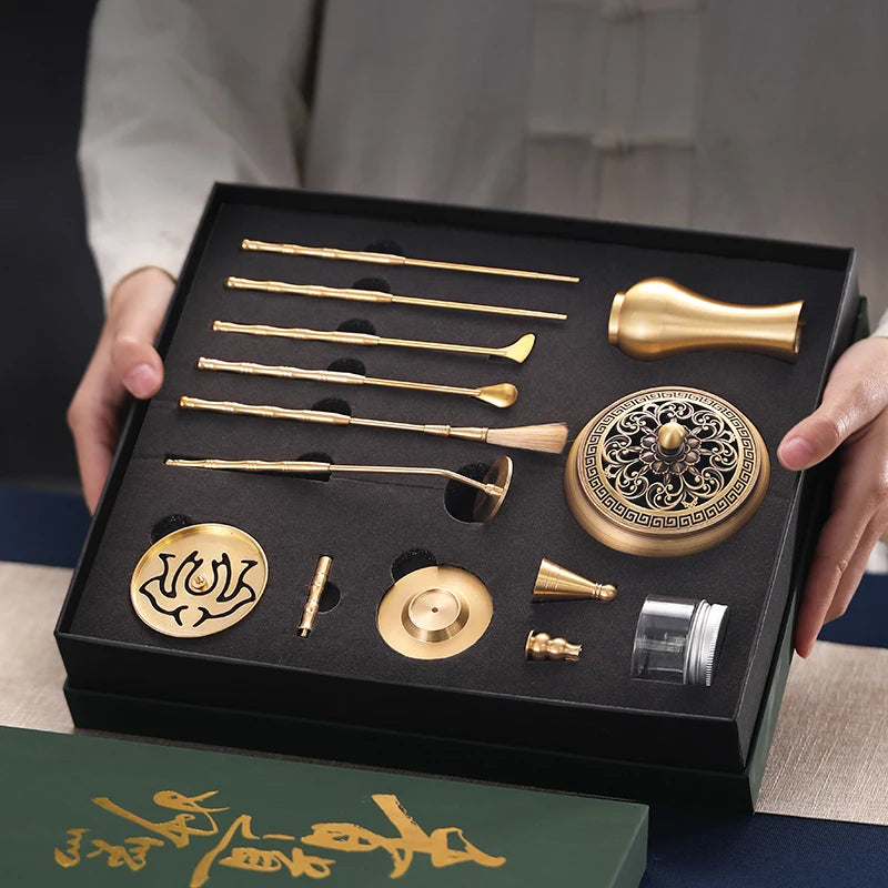 Reines Kupfer Räucherset – Räucherstäbchen-Werkzeuge, Sandelholzpulver, Siegel, Schaufel und Geschenkbox, für Räuchermacher
