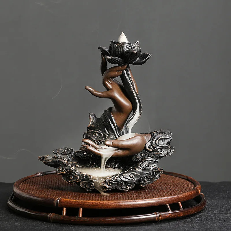 Backflow Räucherstäbchen Brenner, Handgefertigter Lotus Buddha Hand Wasserfall-Räucherstäbchen-Brenner – Für Hausentspannung, Glücksbringer und Feng Shui Dekoration