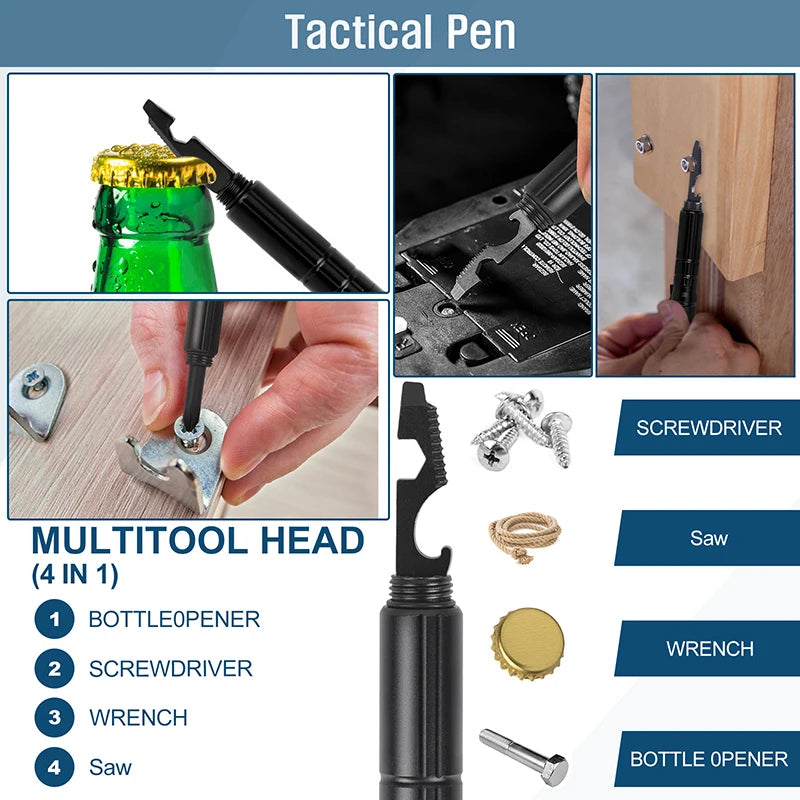 Militärischer taktischer Stift, 6-in-1-Selbstverteidigungsstift LED-Taschenlampe, Notfall-Glasbrecherstift, Schreibwerkzeug mit 3 Nachfüllungen