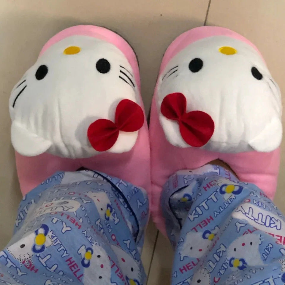 Sanrio Hello Kitty – Plüsch-Hausschuhe mit großem Kopf, Winter-Cartoon-Y2K-Baumwollschuhe, Plüschpantoffeln, Studentenschlappen