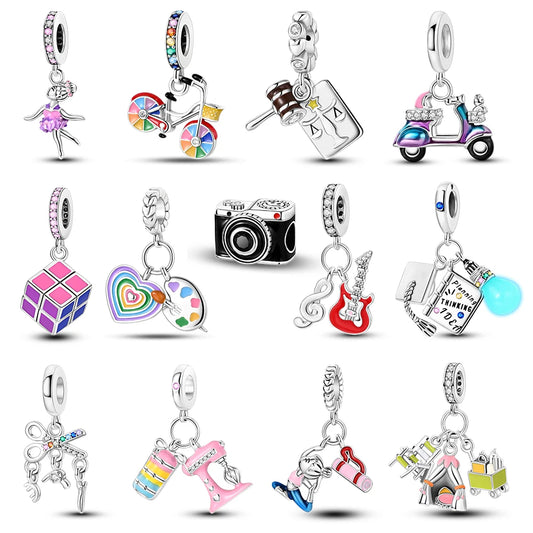 Versilberte Kamera Charms Bunte Palette Perlen Anhänger Fit Original Pandora Musik Gitarre Armbänder Für Frau Schmuck Geschenk