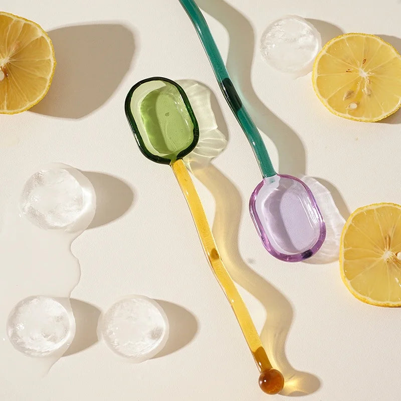 Creative Glass Milk Spoons Colored Transparent Coffee Dessert Stirring Spoon Long Handle Round Kitchen Tableware Stirrer Rod 1PC