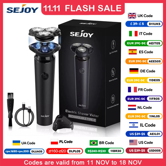 Sejoy Rasierer für Männer Elektrischer Rasierer Wasserdichter IPX5 Elektrorasierer Schnellladung-3D Rasiermaschine mit schwimmendem Kopf