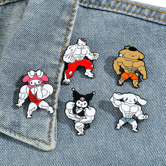 Lustige Sanrio Muscle Anime Figur Broschen Kawaii Hallo Kitty Emaille Anstecknadeln Cartoon Kuromi My Melody Rucksack Abzeichen Spielzeug Geschenk