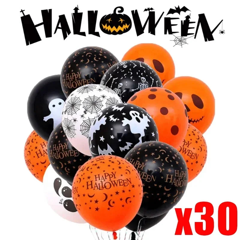 Gruselige Halloween-Luftballons: Spielzeug für Kinder, Kürbis-, Skelett- und Geisterdesigns, Partydekoration für Bar, schwarze und orange Latexballons für Halloween.