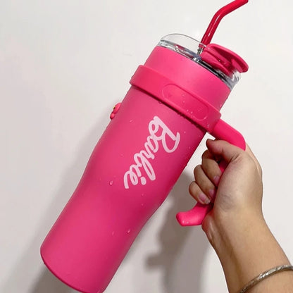 Miniso-Trend-Barbie-Series-Riesen-Großraum-Strohhalm-Stahl-Bling-Bling-Pink-Barbe-Wasserbecher-1200 ml-für-Mädchen-Geburtstagsgeschenk