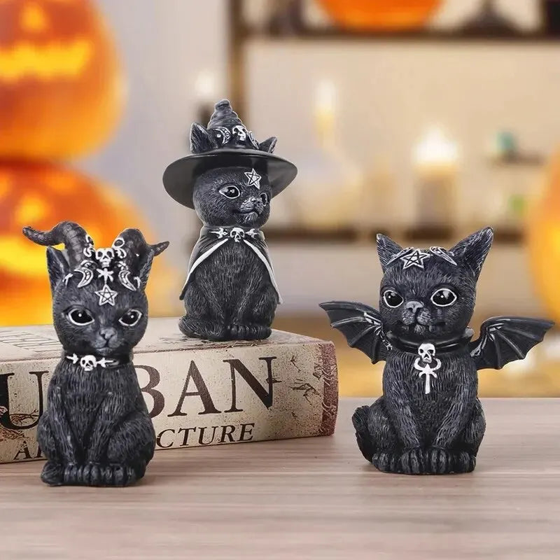 Schwarze Katzenstatue: Mysteriöse, niedliche Hexenkatzen-Figur, handbemalte Skulptur, Hexendekoration, Schreibtisch-Ornament für Halloween, 1 Stück.