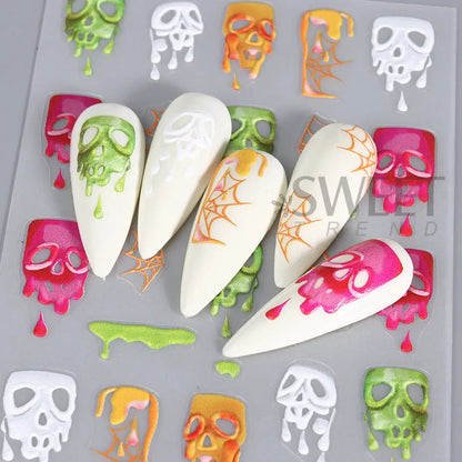 5D geprägte Halloween-Nagelkunstaufkleber: Schädel, Kürbis, Geister, Fledermaus, Spinnennetz, Anime-Nageldekorationen, gravierte Maniküre-Aufkleber.