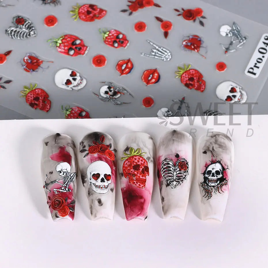 5D geprägte Halloween-Nagelkunstaufkleber: Schädel, Kürbis, Geister, Fledermaus, Spinnennetz, Anime-Nageldekorationen, gravierte Maniküre-Aufkleber.