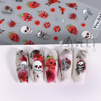 5D geprägte Halloween-Nagelkunstaufkleber: Schädel, Kürbis, Geister, Fledermaus, Spinnennetz, Anime-Nageldekorationen, gravierte Maniküre-Aufkleber.