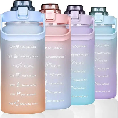 2L Kunststoff-Wasserflasche mit großem Fassungsvermögen, Zeitskala, Etikett, Aufkleber, Raumbecher, Federkappe, bemalter Wasserbecher mit Farbverlauf