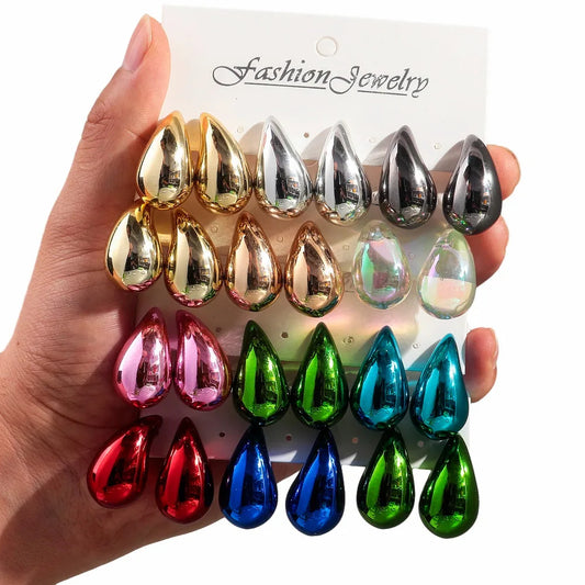 Neue 3 Paar / Set Chunky Wassertropfen Creolen Duplikate für Frauen Dicke Metallic-Farbe Acryl Tear Drop Ohrring Leichter Schmuck