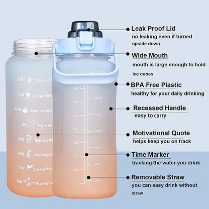 2L Kunststoff-Wasserflasche mit großem Fassungsvermögen, Zeitskala, Etikett, Aufkleber, Raumbecher, Federkappe, bemalter Wasserbecher mit Farbverlauf