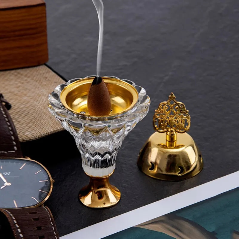 1Pc Künstlicher Kristall Räucherstäbchen Brenner Mit Abdeckung Aromatherapie Diffusor Metall Handwerk Familie Yoga Studio Home Decoration Ornamente