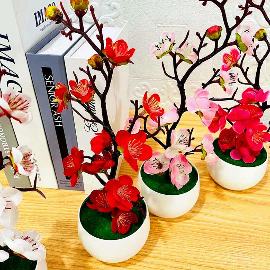 Künstliche Simulationspflanze im Topf, Pflaumenblüten-Bonsai, 11,8*4,3 Zoll, für Heim, Büro, Garten, Küche, Wohnzimmer und Tischdekoration